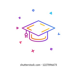 Graduation cap line icon. Education sign. Student hat symbol. Gradient line button. Graduation cap icon design. Colorful geometric shapes. Vector