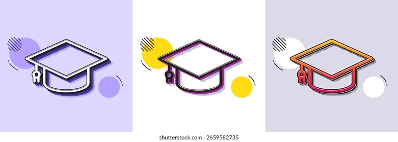 Graduation cap line icon. Halftone dotted pattern. Gradient icon with grain shadow. Education sign. Student hat symbol. Line graduation cap icon. Various designs. Vector