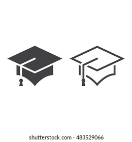 Graduation Cap Line Icon, Outline And Solid Mortarboard Vector Sign, Linear And Full Pictogram Isolated On White, Logo Illustration