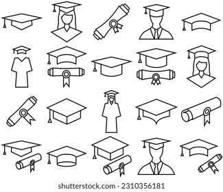 Graduation cap line set icon, logo vector