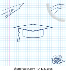 Graduation cap line sketch icon isolated on white background. Graduation hat with tassel icon. Vector Illustration