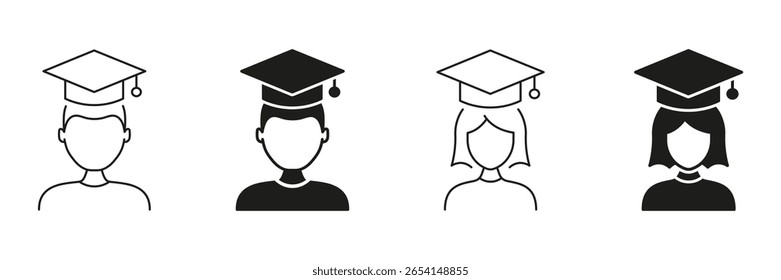 Graduation Cap Line And Solid Icon Set. Academic Achievement And Education Symbol Collection. Student Success And Learning Milestone Representation. Isolated Vector Illustration.