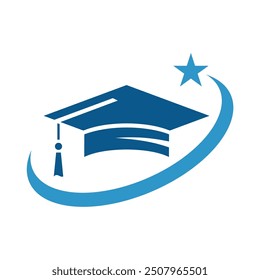 GRADUATION CAP LOGO DESIGN ICON,BLUE COLOR ON WHITE BACKGROUND,SIMPLE MINIMALIST ICON