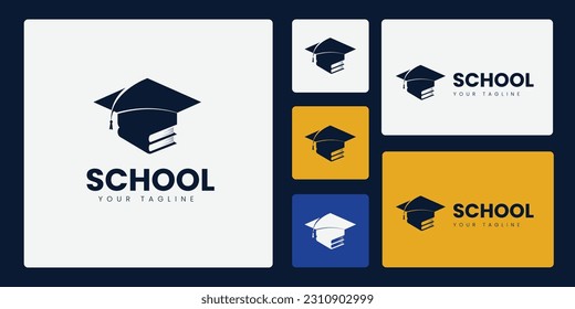 Graduation Cap Logo Set Combined with Books, Black Logo Color Suitable for Education and Graduation-Themed Logos.
