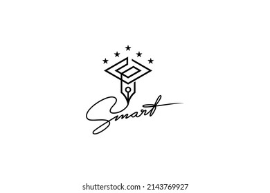 graduation cap logo with smart writing pen combination with star on it