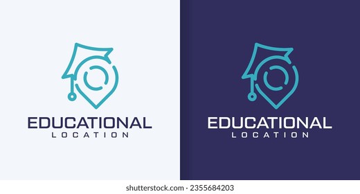 Graduation cap logo template with map pin, library location icon design, university pointer symbol