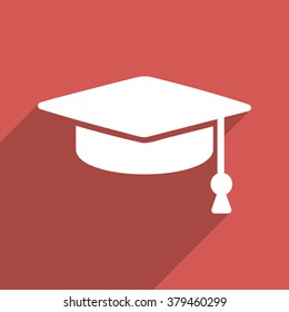 Graduation Cap long shadow vector icon. Style is a flat light symbol with rounded angles on a red square background.