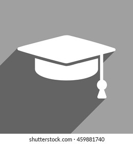 Graduation Cap long shadow vector icon. Style is a flat graduation cap white iconic symbol on a gray square background.