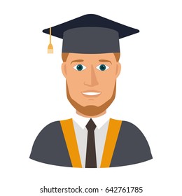 Graduation cap the man character in flat style a vector.Symbol Finish education in the university and college.the smiling young man with a beard in clothes graduation gowns of the graduate and a hat.