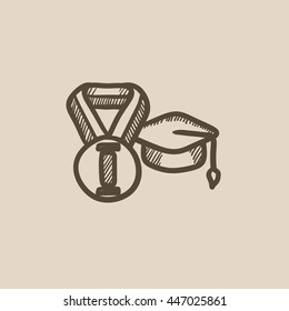 Graduationskappe mit MedaillenVektorgrafik Symbol einzeln auf Hintergrund. Handgezeichnete Graduationskappe mit Medaillensymbol. Graduationsmütze mit Medaillenkizze für Infografik, Website oder App.