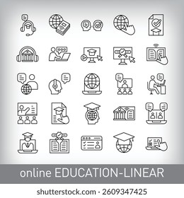 Graduation cap, mock test, online book, video and certificate design. Simple 25 linear online education icons set.