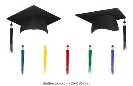 graduation cap mockup set with different tassel color. vector illustration isolated on white background.