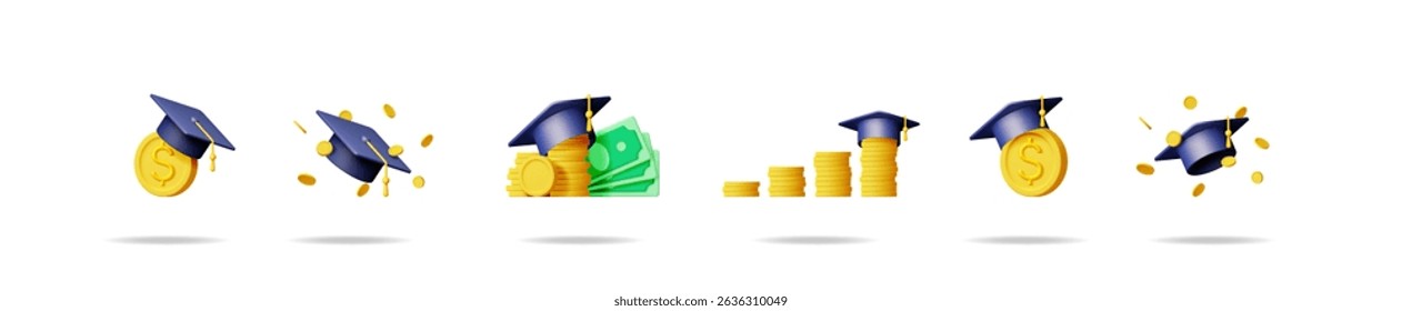 Graduation cap with money and coin stack, set of education funding and college scholarship 3d icons. Financial aid for learning concept.