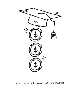 Icono de línea de monedas de dinero y de casquillo de graduación, Ilustración vectorial de ahorro financiero de Educación