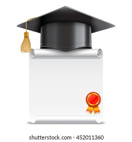 Graduation cap or mortar board and blank unrolled diploma scroll with stamp. Vector education icon isolated on white background