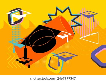 Graduation Cap, mortar board with geometrical graphic retro theme background. Minimal geometric elements. Vintage abstract shapes vector illustration.