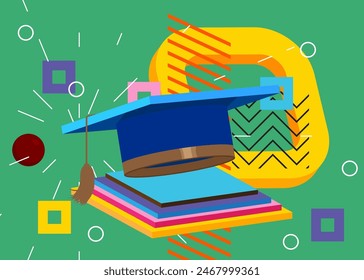 Graduation Cap, mortar board with geometrical graphic retro theme background. Minimal geometric elements. Vintage abstract shapes vector illustration.