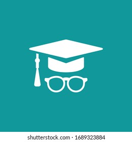 Graduation cap or mortar board  with glasses icon isolated on blue background. Flat vector illustration.  Education, study, courses logo. Knowledge pictogram.