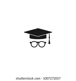 Graduation cap or mortar board icon with tassel and glasses. Flat illustration isolated on white.  Education symbol. 