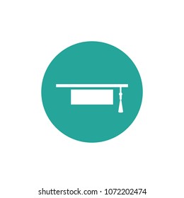 Graduation cap or mortar board icon with tassel in blue circle. Flat illustration isolated on white.  Education symbol. 