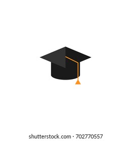 Graduation cap or mortar board icon with yellow tassel. Flat illustration isolated on white.  Education symbol. 