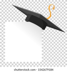 Graduation cap or mortar board on paper corner. Vector education design element isolated.
