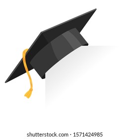 Graduation cap or mortar board on paper corner. Vector education design element isolated on white background.