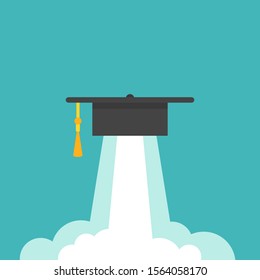 Graduation cap or mortar board as rocket. Flat illustration isolated on turquoise background.  Education or course graduation symbol. 