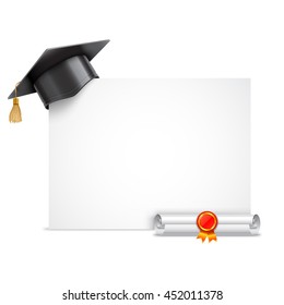 Graduation cap or mortar board and rolled diploma scroll with stamp. Vector education icon isolated on white background
