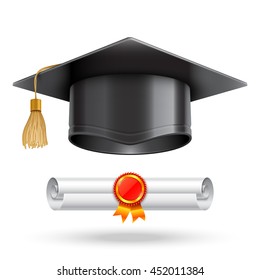 Graduation cap or mortar board and rolled diploma scroll with stamp. Vector education icon isolated on white background