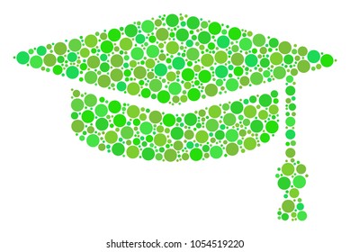 Graduation Cap mosaic of filled circles in various sizes and green color tones. Vector round elements are composed into graduation cap composition. Fresh vector illustration.