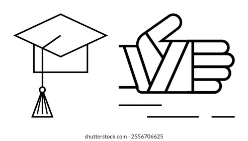 Graduation cap next to a thumbs up gesture in a minimalist style. Ideal for education, achievement, success, celebration, motivation. The clean lines create a modern, sophisticated look