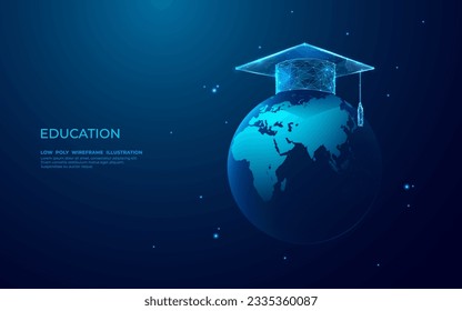 Graduationsmütze auf der abstrakten digitalen Erde. Weltweites Bildungsangebot von hoher Qualität. Technologischer Planet mit einem Wissenschaftszeichen auf dunklem Hintergrund in Blau. Low-Poly-Wireframe-Vektorgrafik.