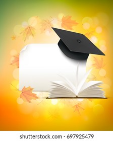 Graduation cap on autumn background with a book. Back to school concept. Vector. 