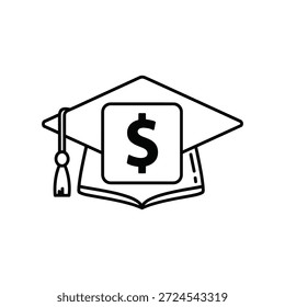 Gorra de graduación en el libro con signo de dólar que simboliza el aspecto financiero del aprendizaje