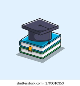 Graduation cap on a book flat style cartoon illustration. The education concept icon isolated. The graduate ceremony, high school, college, and university.
