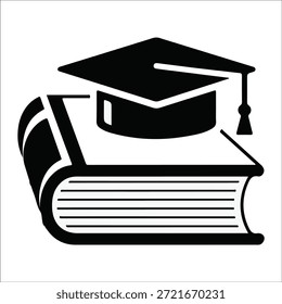 Gorra de graduación en un icono de libro que representa la educación y el aprendizaje de la tapa académica de mortero