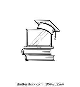 Graduation Cap On Book And Laptop Hand Drawn Outline Doodle Icon. Online University Graduation Vector Sketch Illustration For Print, Web, Mobile And Infographics Isolated On White Background.