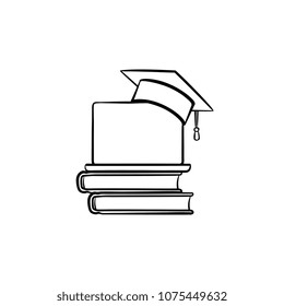 Graduation cap on book and laptop hand drawn outline doodle icon. Online university graduation vector sketch illustration for print, web, mobile and infographics isolated on white background.