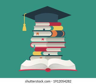 Graduation cap on book stack. Huge pile of books and encyclopedias, education and success concept, university library, academic and school knowledge flat cartoon isolated on green illustration