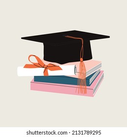 Graduation cap on book stack with diploma. Pile of books, encyclopedias, education and success concept, university library, academic and school knowledge. Hand drawn vector flat cartoon illustration.