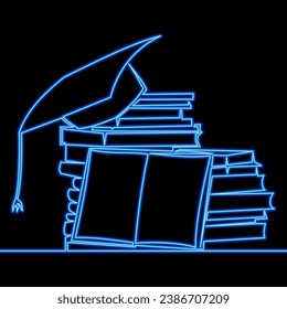 Graduation cap on book stack. Huge pile of books and encyclopedias, education and success concept, university library, academic and school knowledge icon neon glow vector illustration concept