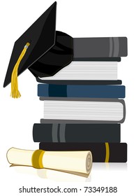 Graduation Cap on Book Stack with Diploma