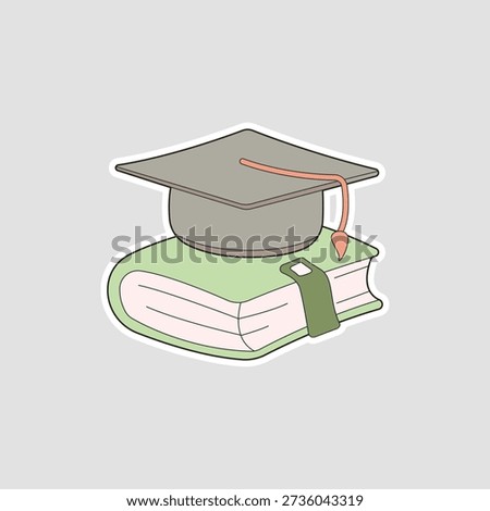 Graduation cap on book vector sticker. Symbolizing achievement, academic success, and university completion for certificates or graduation cards