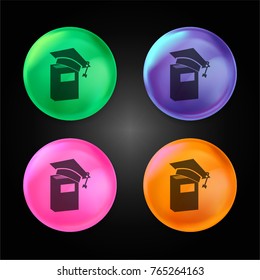 Graduation cap on a book in vertical position crystal ball design icon in green - blue - pink and orange.