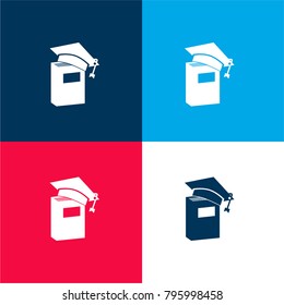 Graduation cap on a book in vertical position four color material and minimal icon logo set in red and blue
