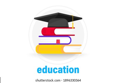 Graduation cap on books. Mortarboard cap on piles of textbooks. Stack of books with graduation cap. Concept of higher education or Study. School, college, university, education, schooling icon