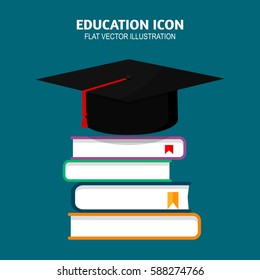Graduation cap on books stacked. Symbol of education, learning, knowledge. Vector illustration. Flat design.