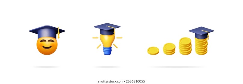 Graduation cap on bulb, emoji, coins. Education leads to ideas, success, and wealth. 3d vector illustration for learning concept.