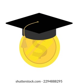 Graduation cap on coin. Concept of cost of graduation.  Graduation cost or expensive education or scholarship loan vector.